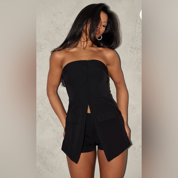 Black Tailored Button Skort Bandeau Romper - Picture 4 of 4